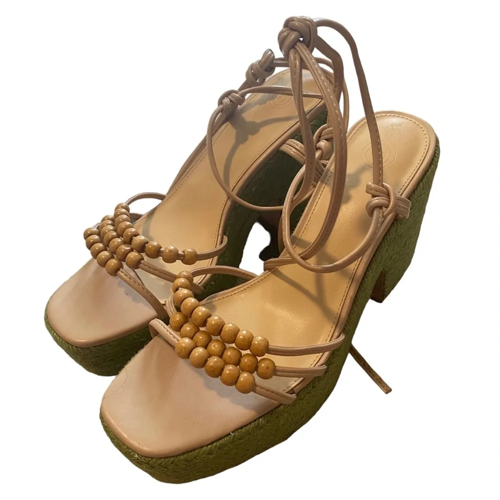 Urban Outfitters Marabelle Beaded Platform Heels NWOB, Tan/Green, Size 8